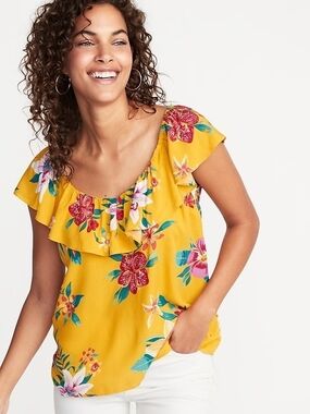 Old Navy Yellow Tropical Ruffle-Sleeve On Or Off Shoulder Blouse Size 1x